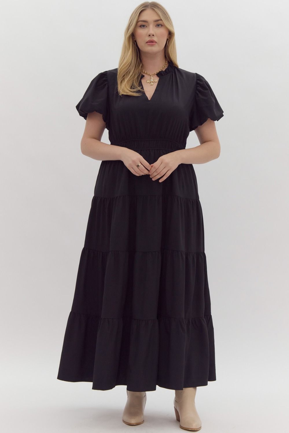 ENTRO INC Women's Dresses V-Neck Bubble Sleeve Tiered Midi Dress Plus Size || David's Clothing