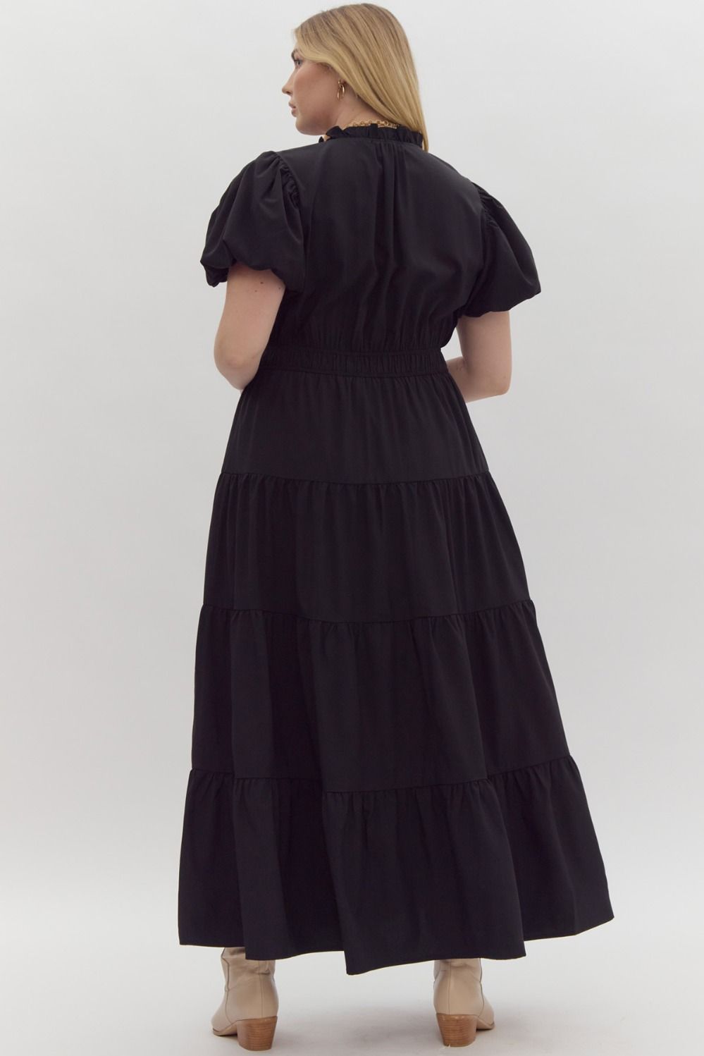 ENTRO INC Women's Dresses V-Neck Bubble Sleeve Tiered Midi Dress Plus Size || David's Clothing