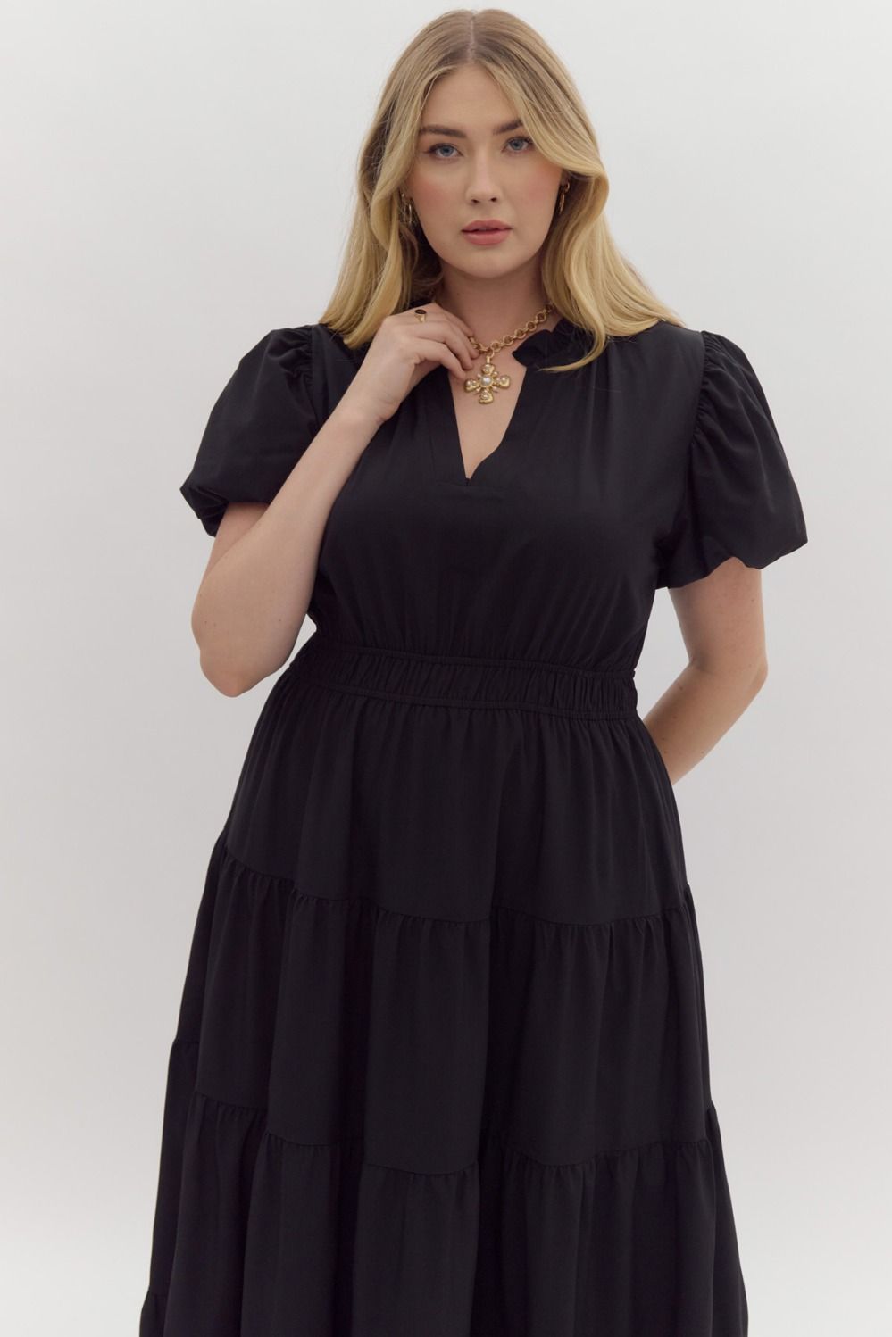 ENTRO INC Women's Dresses V-Neck Bubble Sleeve Tiered Midi Dress Plus Size || David's Clothing