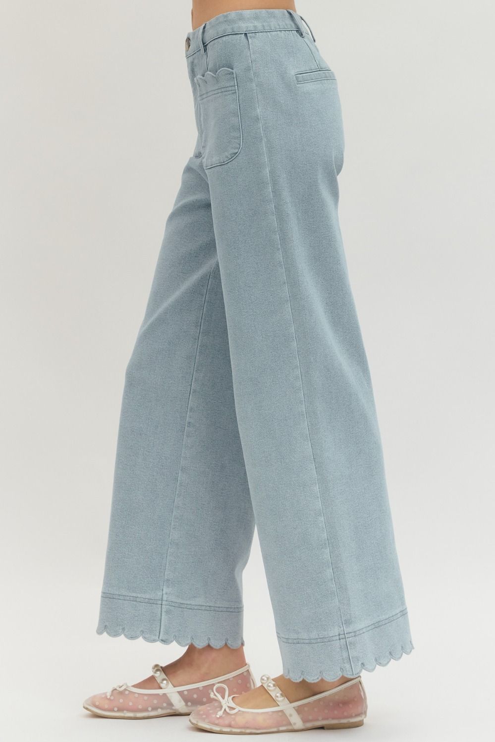 ENTRO INC Women's Jeans Solid Wide Leg Pants Featuring Scallop Accent Trim