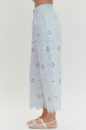 ENTRO INC Women's Pants Eyelet Embroidered Wide-Leg Pants Featuring Scallop Hem