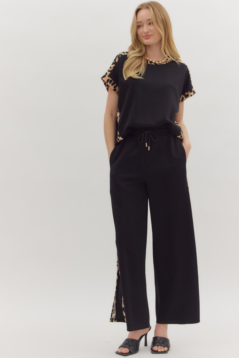 ENTRO INC Women's Pants Leopard Accent Stripe High-Waist Pants