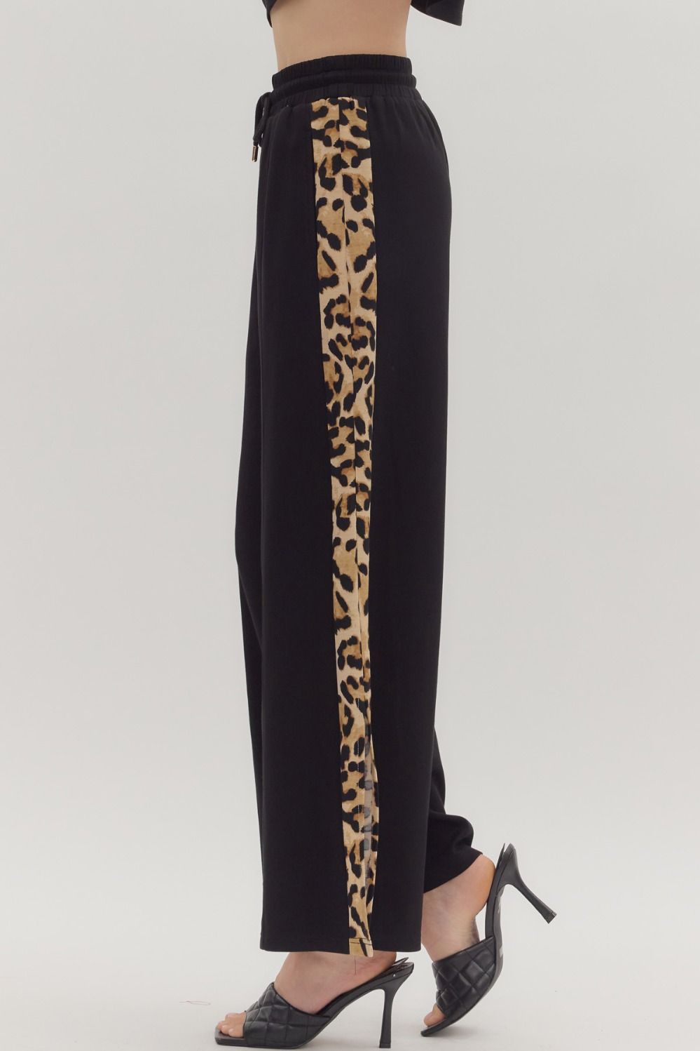 ENTRO INC Women's Pants Leopard Accent Stripe High-Waist Pants