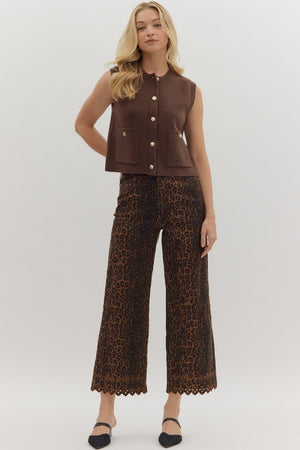 ENTRO INC Women's Pants Leopard Pattern Pants Featuring Floral Embroidered Hem
