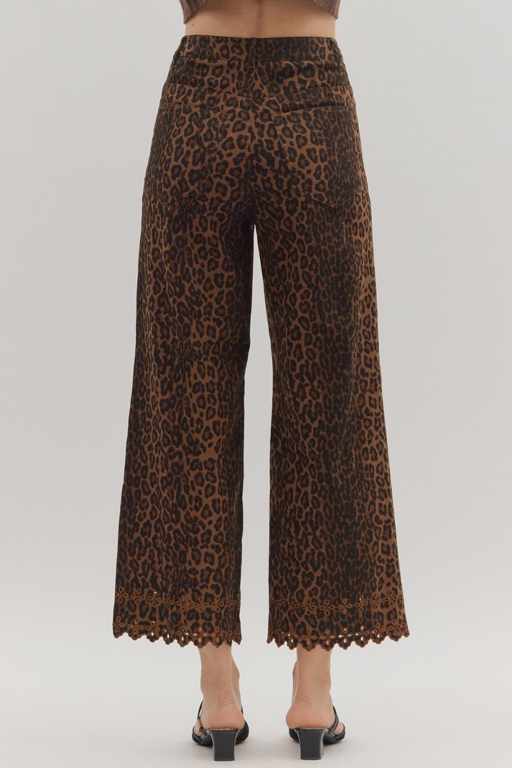 ENTRO INC Women's Pants Leopard Pattern Pants Featuring Floral Embroidered Hem