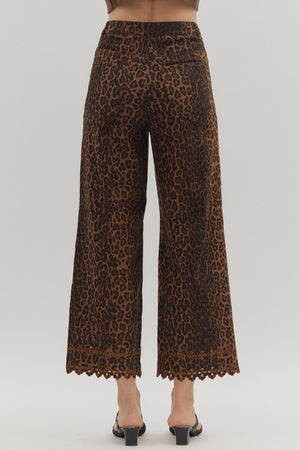 ENTRO INC Women's Pants Leopard Pattern Pants Featuring Floral Embroidered Hem