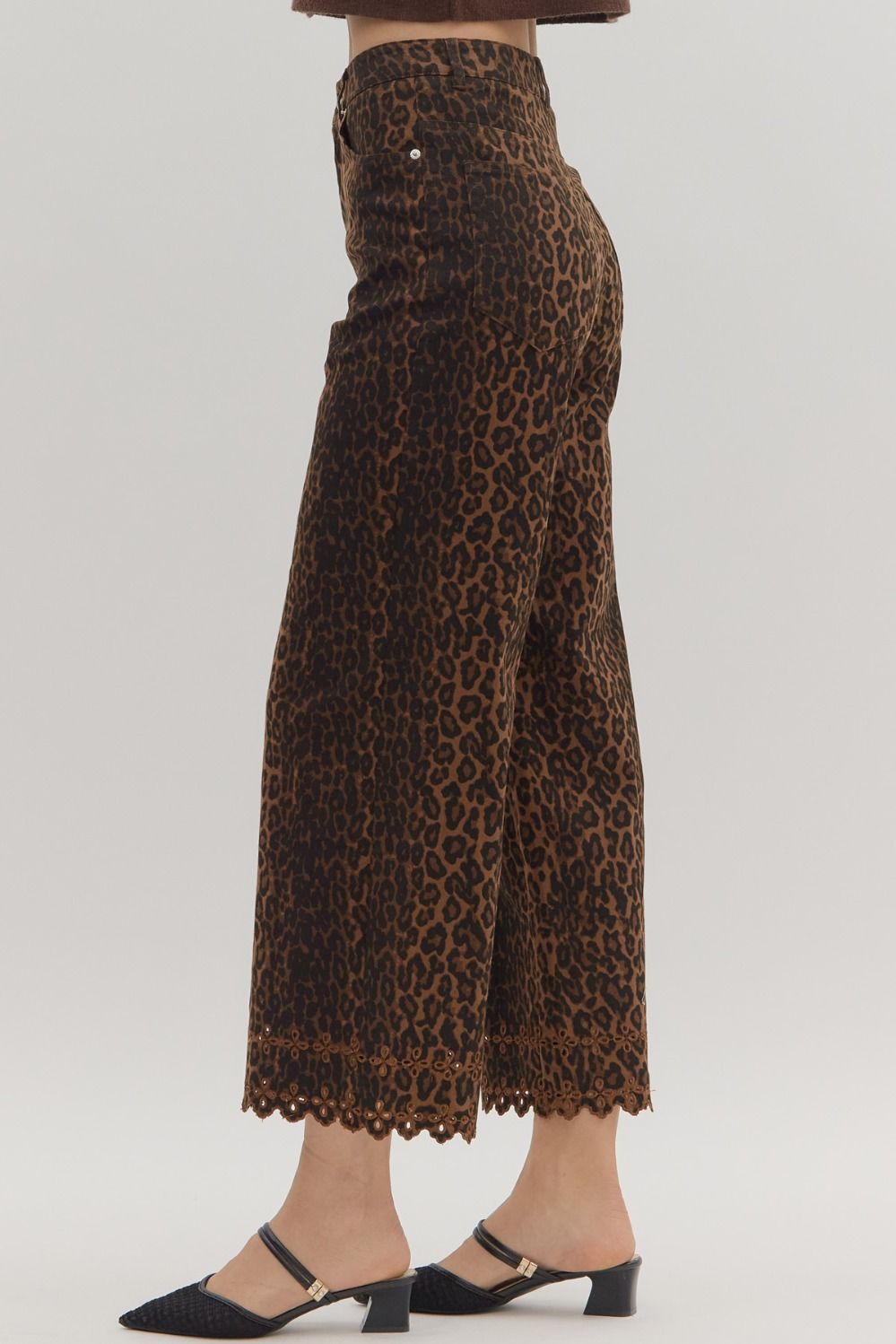 ENTRO INC Women's Pants Leopard Pattern Pants Featuring Floral Embroidered Hem