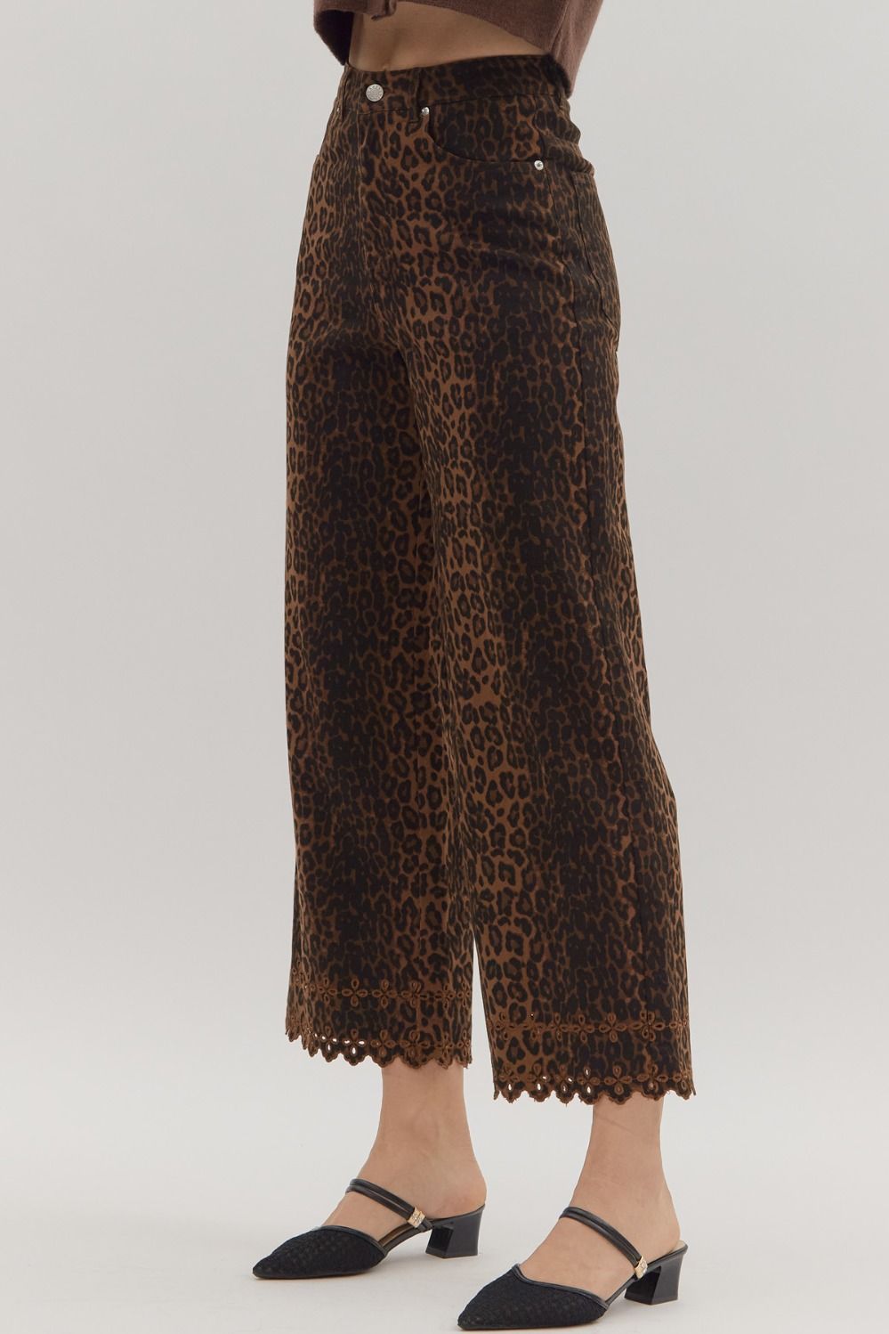 ENTRO INC Women's Pants Leopard Pattern Pants Featuring Floral Embroidered Hem