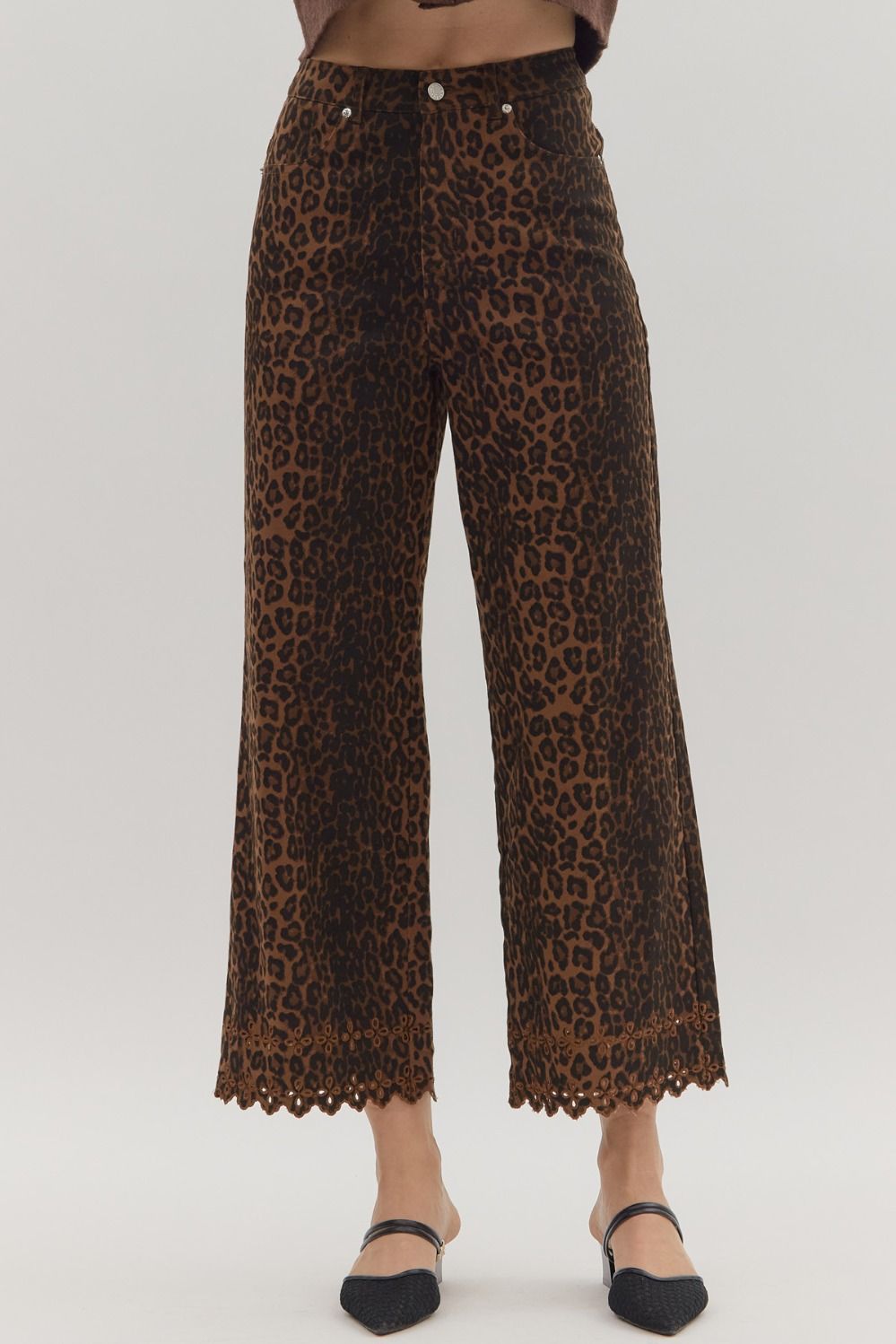 ENTRO INC Women's Pants Leopard Pattern Pants Featuring Floral Embroidered Hem