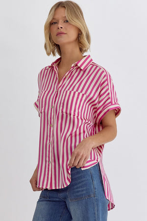 ENTRO INC Women's Pants Striped Collared Button Up Short Sleeve Top || David's Clothing