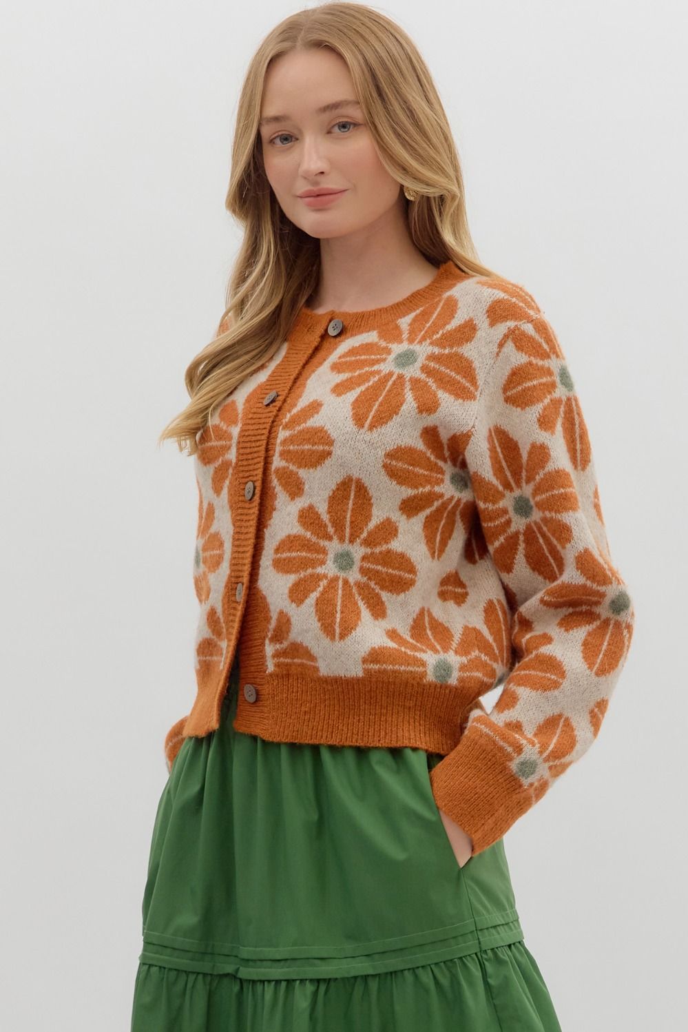ENTRO INC Women's Sweaters Floral Pattern Long Sleeve Sweater Knit Cardigan