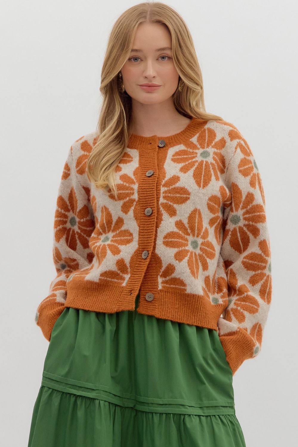 ENTRO INC Women's Sweaters Floral Pattern Long Sleeve Sweater Knit Cardigan