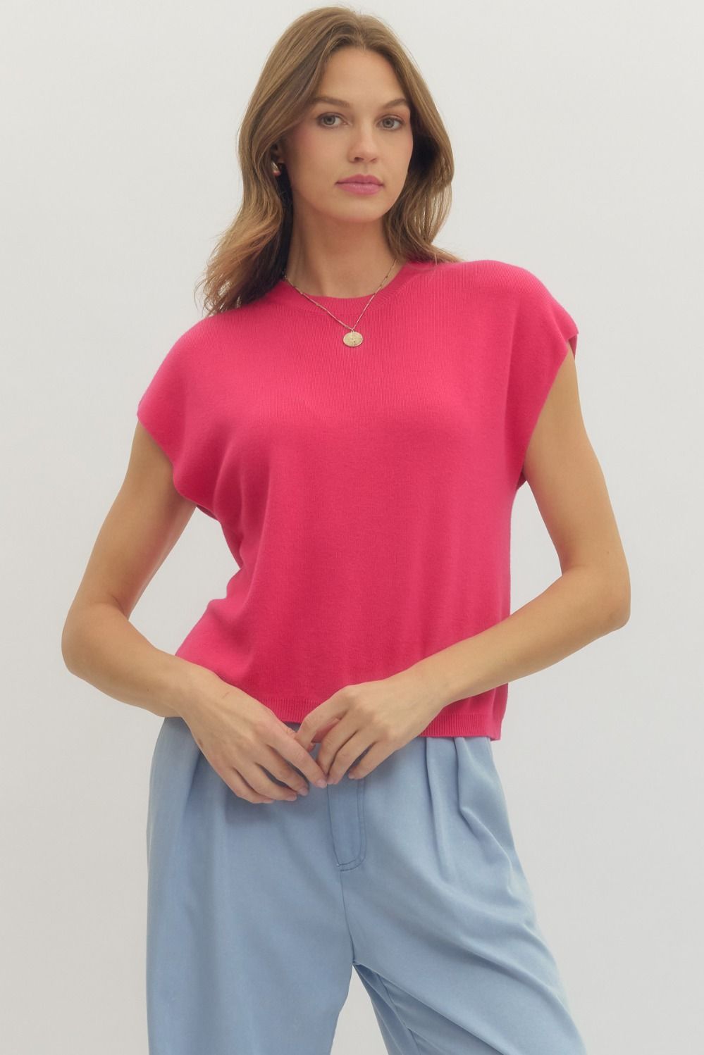 ENTRO INC Women's Sweaters FUCHSIA / S Solid Cap Sleeve Knit Top T29142