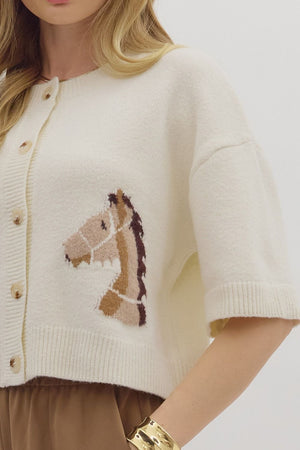 ENTRO INC Women's Sweaters Horse Motif Short Sleeve Button-Front Sweater Top