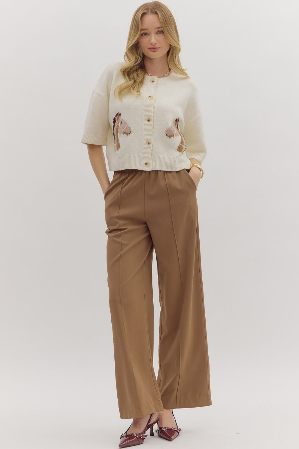 ENTRO INC Women's Sweaters Horse Motif Short Sleeve Button-Front Sweater Top