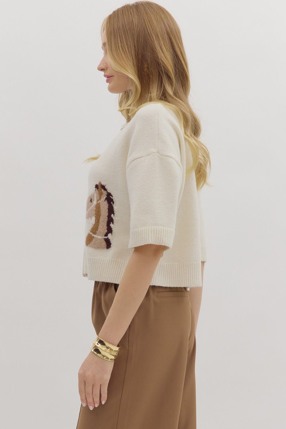 ENTRO INC Women's Sweaters Horse Motif Short Sleeve Button-Front Sweater Top