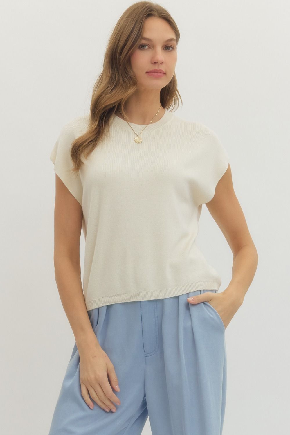 ENTRO INC Women's Sweaters IVORY / S Solid Cap Sleeve Knit Top T29142