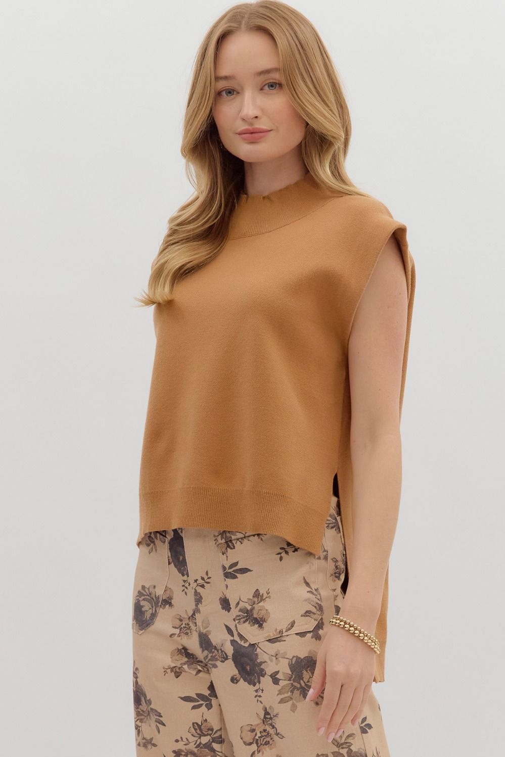 ENTRO INC Women's Sweaters CAMEL / S Knit Mock Neck Muscle Tee Sweater Top T27858