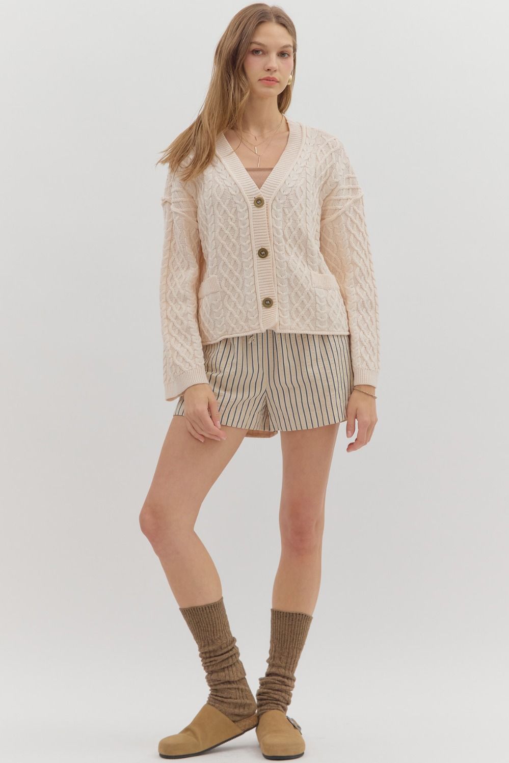 ENTRO INC Women's Sweaters long V-Neck Cable Knit Cardigan