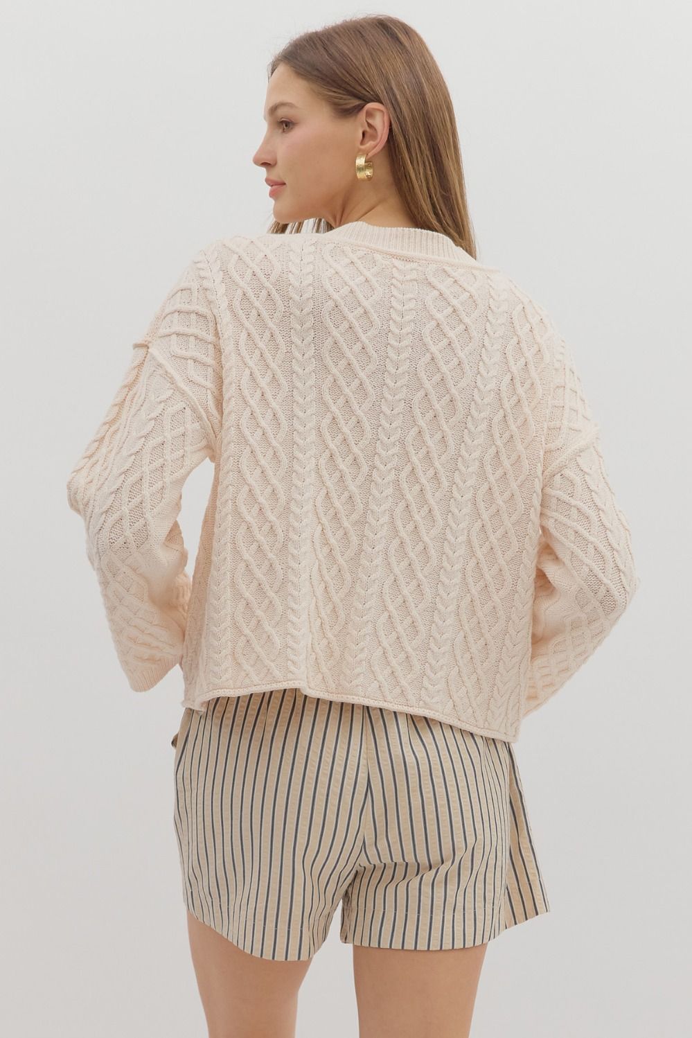 ENTRO INC Women's Sweaters long V-Neck Cable Knit Cardigan