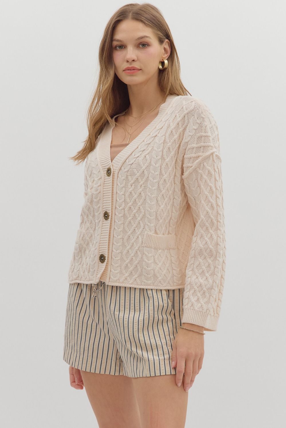 ENTRO INC Women's Sweaters long V-Neck Cable Knit Cardigan