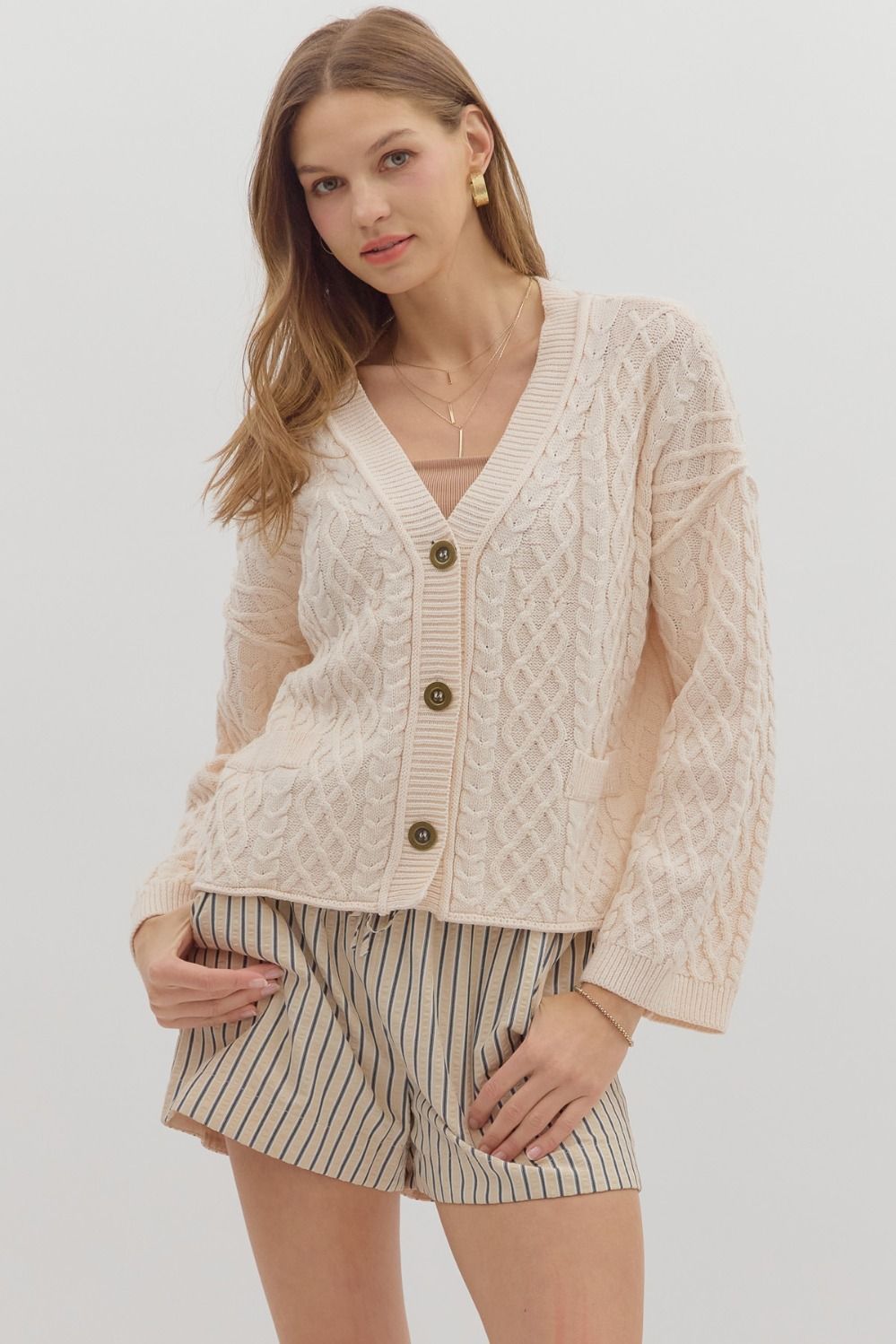 ENTRO INC Women's Sweaters long V-Neck Cable Knit Cardigan