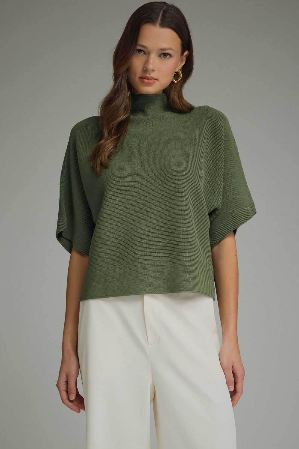 ENTRO INC Women's Sweaters OLIVE / S Solid Mock Neck Short Sleeve Sweater Knit Top T31958
