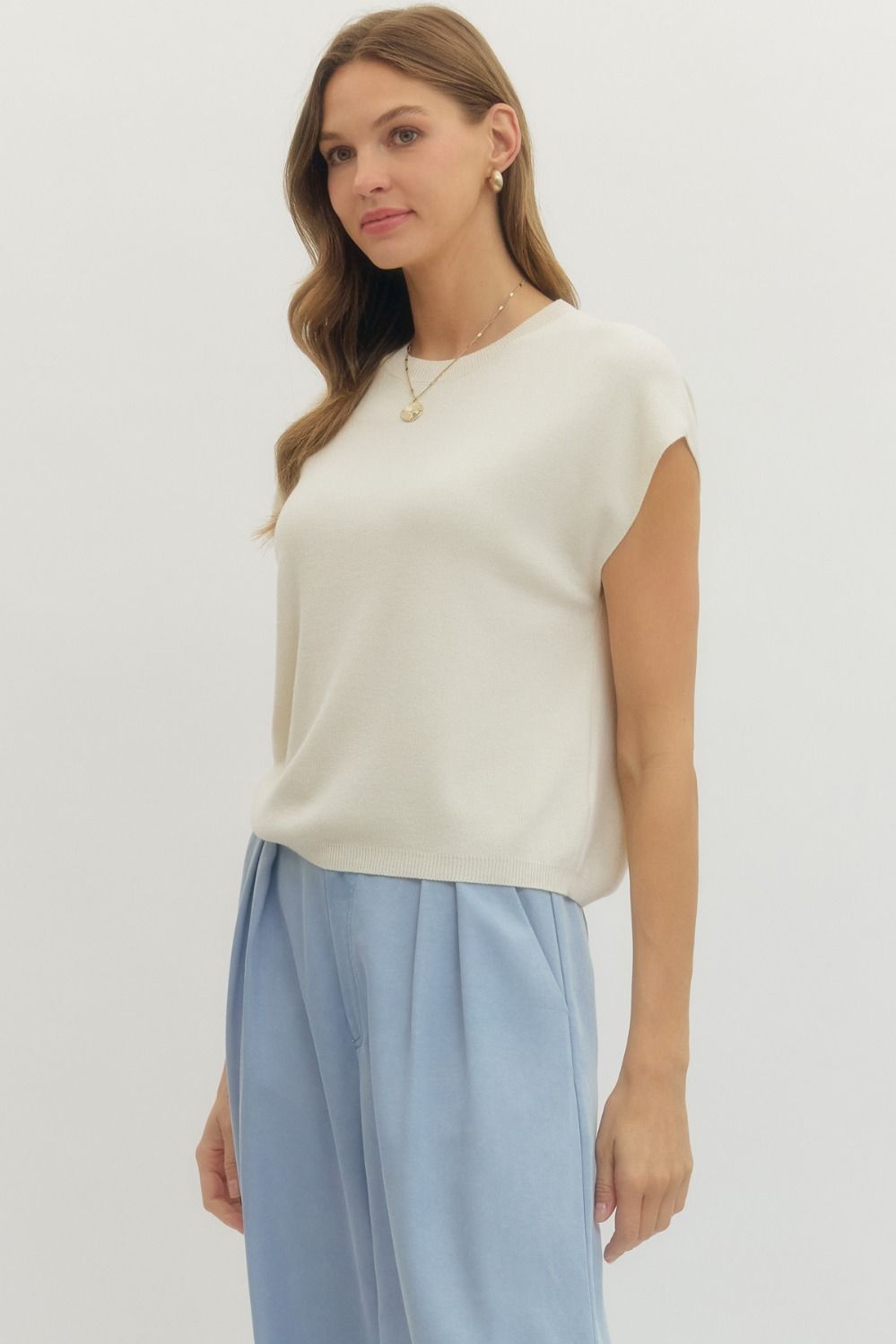 ENTRO INC Women's Sweaters IVORY / S Solid Cap Sleeve Knit Top T29142