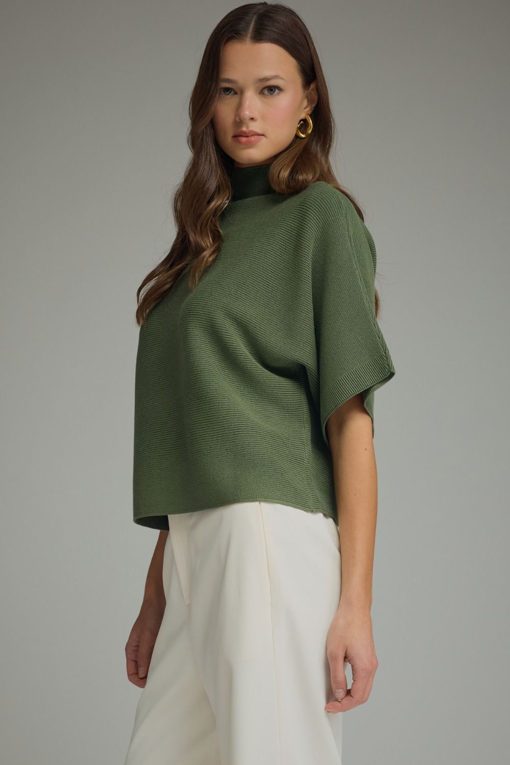 ENTRO INC Women's Sweaters Solid Mock Neck Short Sleeve Sweater Knit Top