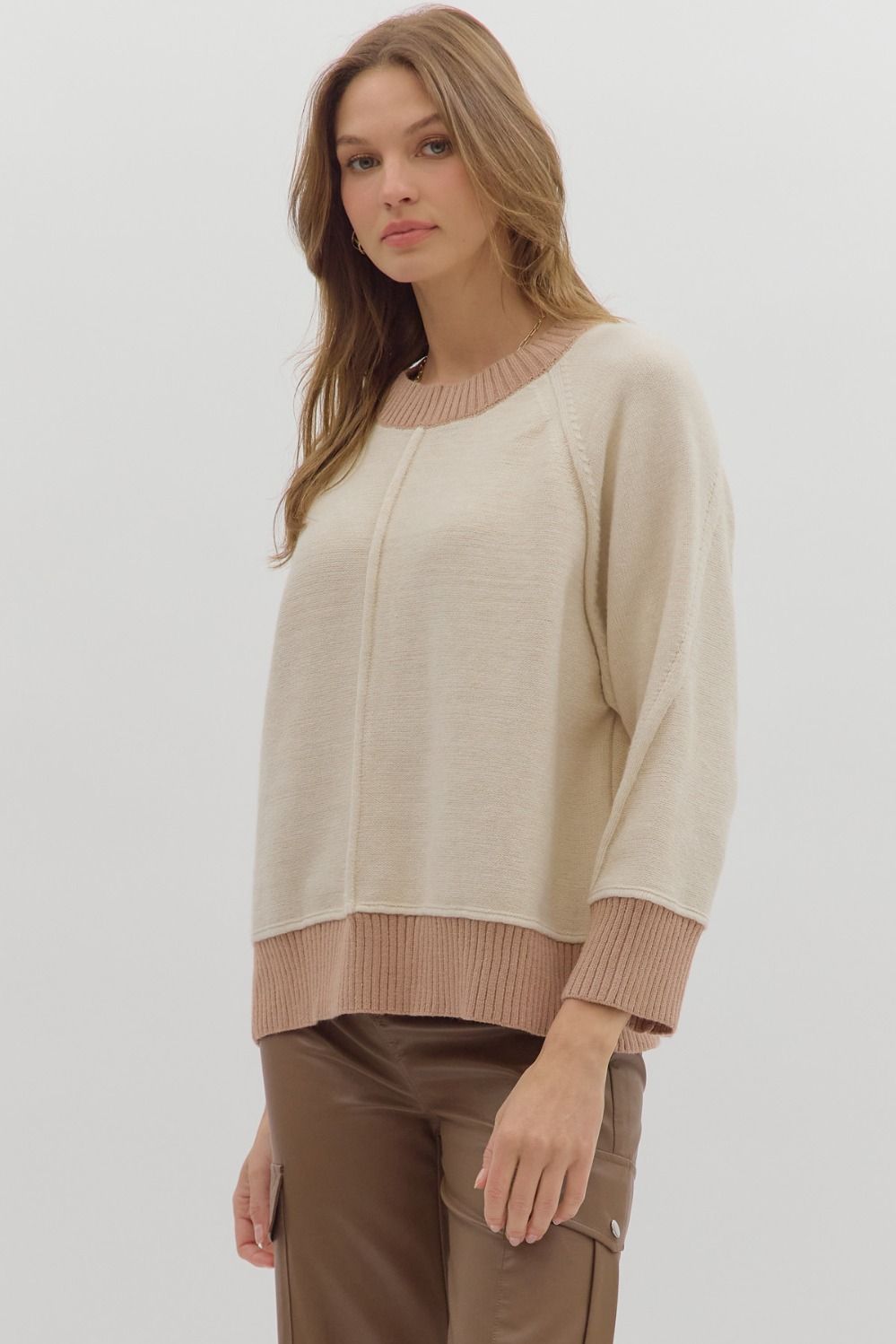 ENTRO INC Women's Sweaters ECRU / S Solid sweater knit long sleeve pullover top T26070