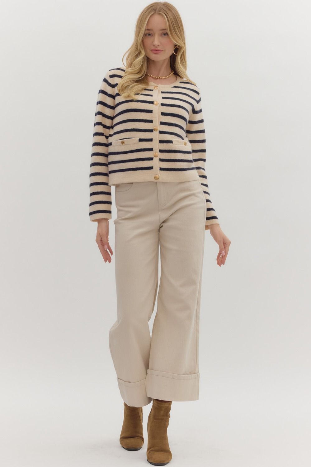 ENTRO INC Women's Sweaters Stripe Pattern Long Sleeve Cardigan