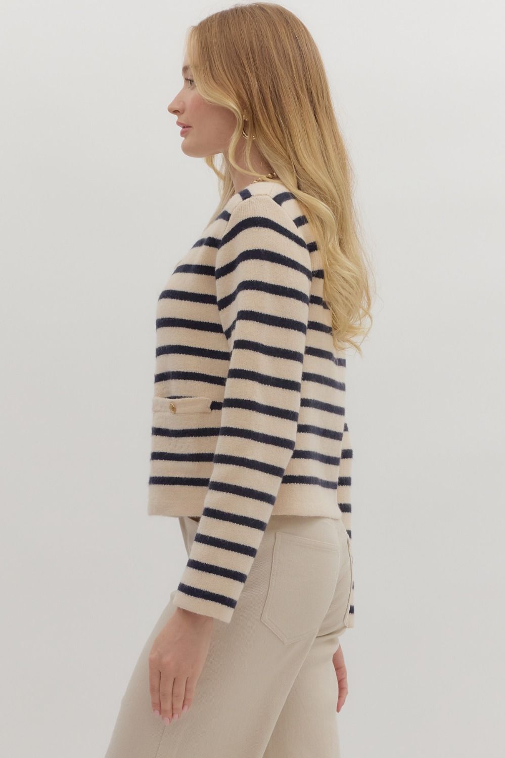 ENTRO INC Women's Sweaters Stripe Pattern Long Sleeve Cardigan