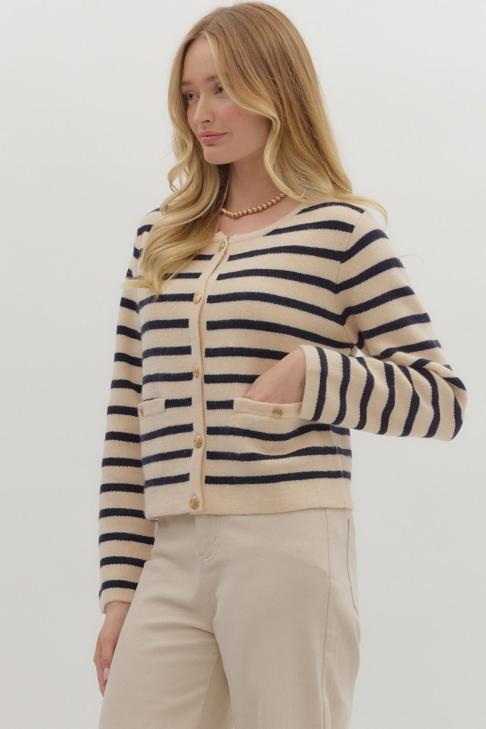 ENTRO INC Women's Sweaters Stripe Pattern Long Sleeve Cardigan
