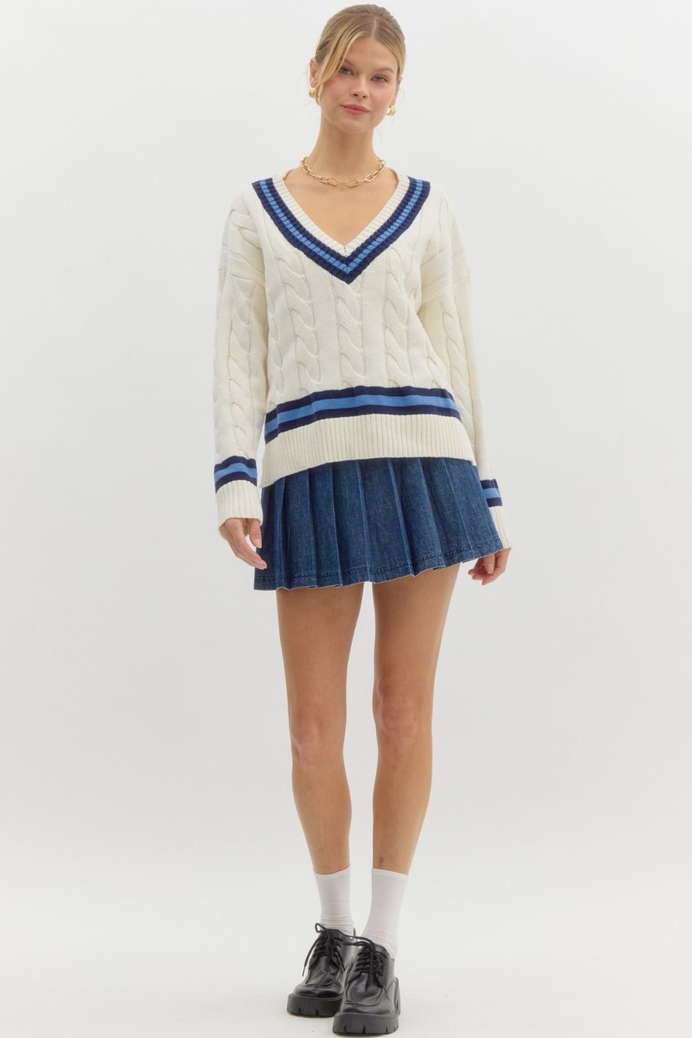 ENTRO INC Women's Sweaters Stripe Prep Cable Sweater