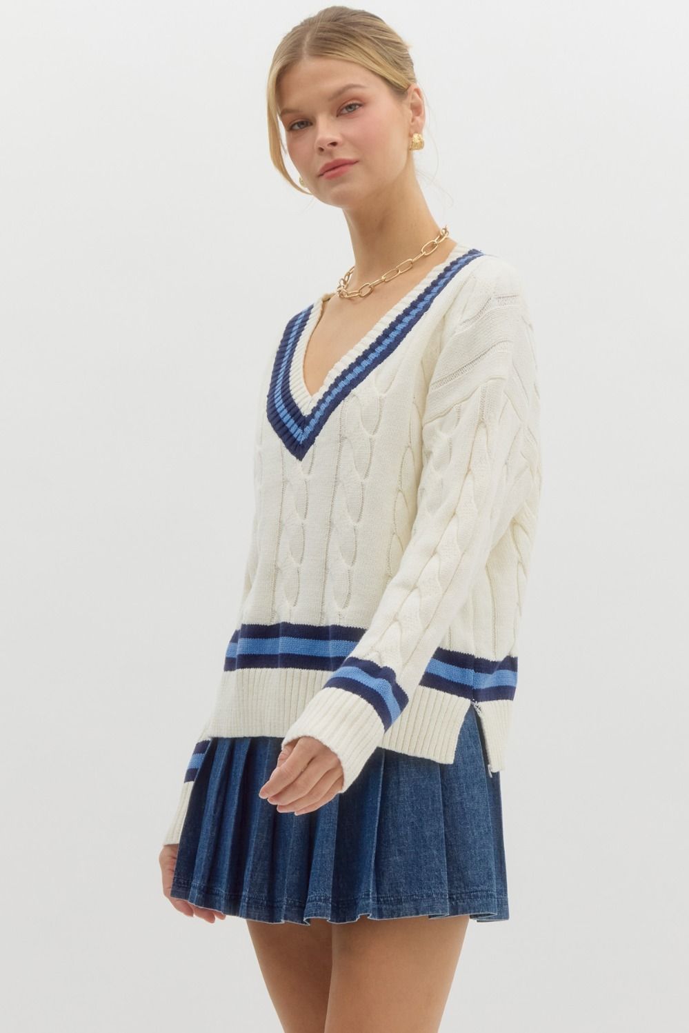 ENTRO INC Women's Sweaters Stripe Prep Cable Sweater