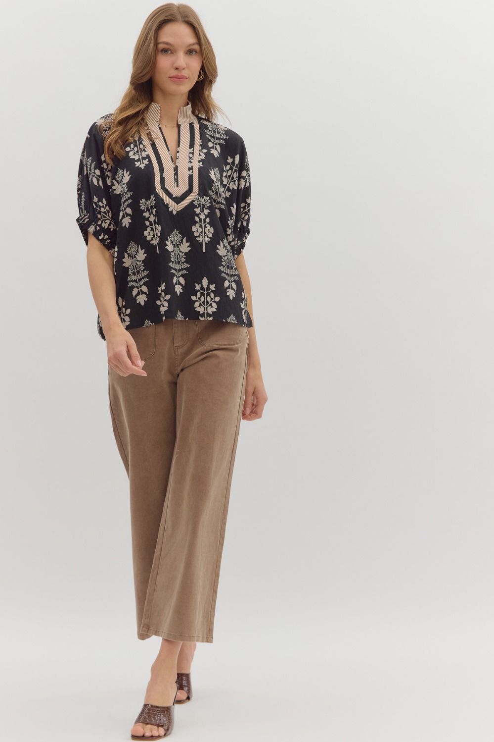 ENTRO INC Women's Top Abstract Botanical Print Short Dolman Sleeve Top