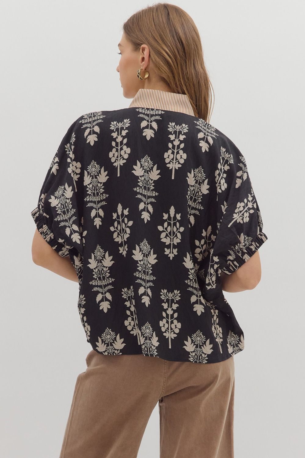 ENTRO INC Women's Top Abstract Botanical Print Short Dolman Sleeve Top