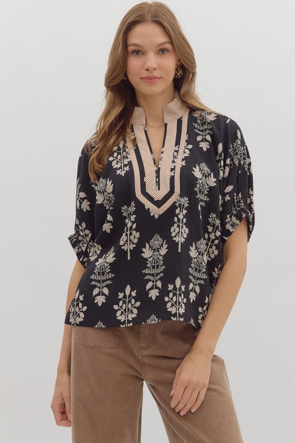 ENTRO INC Women's Top Abstract Botanical Print Short Dolman Sleeve Top