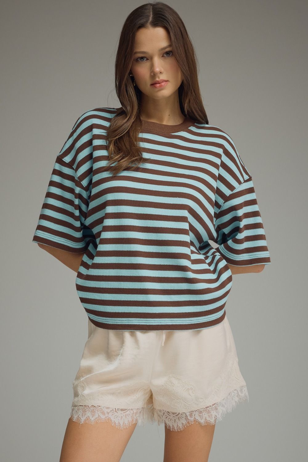 ENTRO INC Women's Top BLUE / S Ribbed Striped Short Sleeve Top T31806