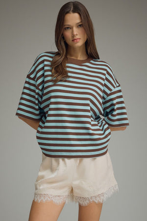 ENTRO INC Women's Top BLUE / S Ribbed Striped Short Sleeve Top T31806