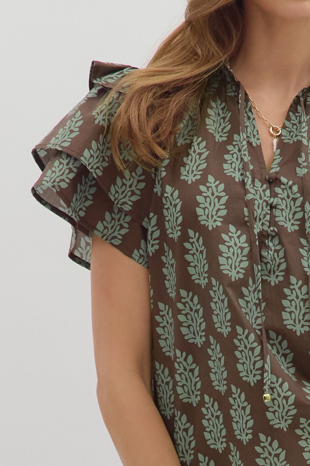 ENTRO INC Women's Top Botanical Pattern Tiered Sleeve Top