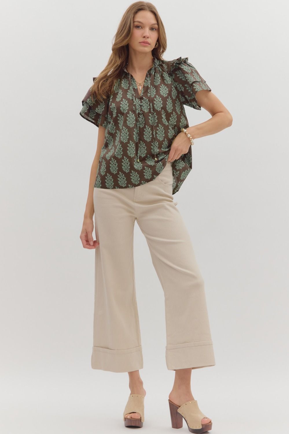 ENTRO INC Women's Top Botanical Pattern Tiered Sleeve Top