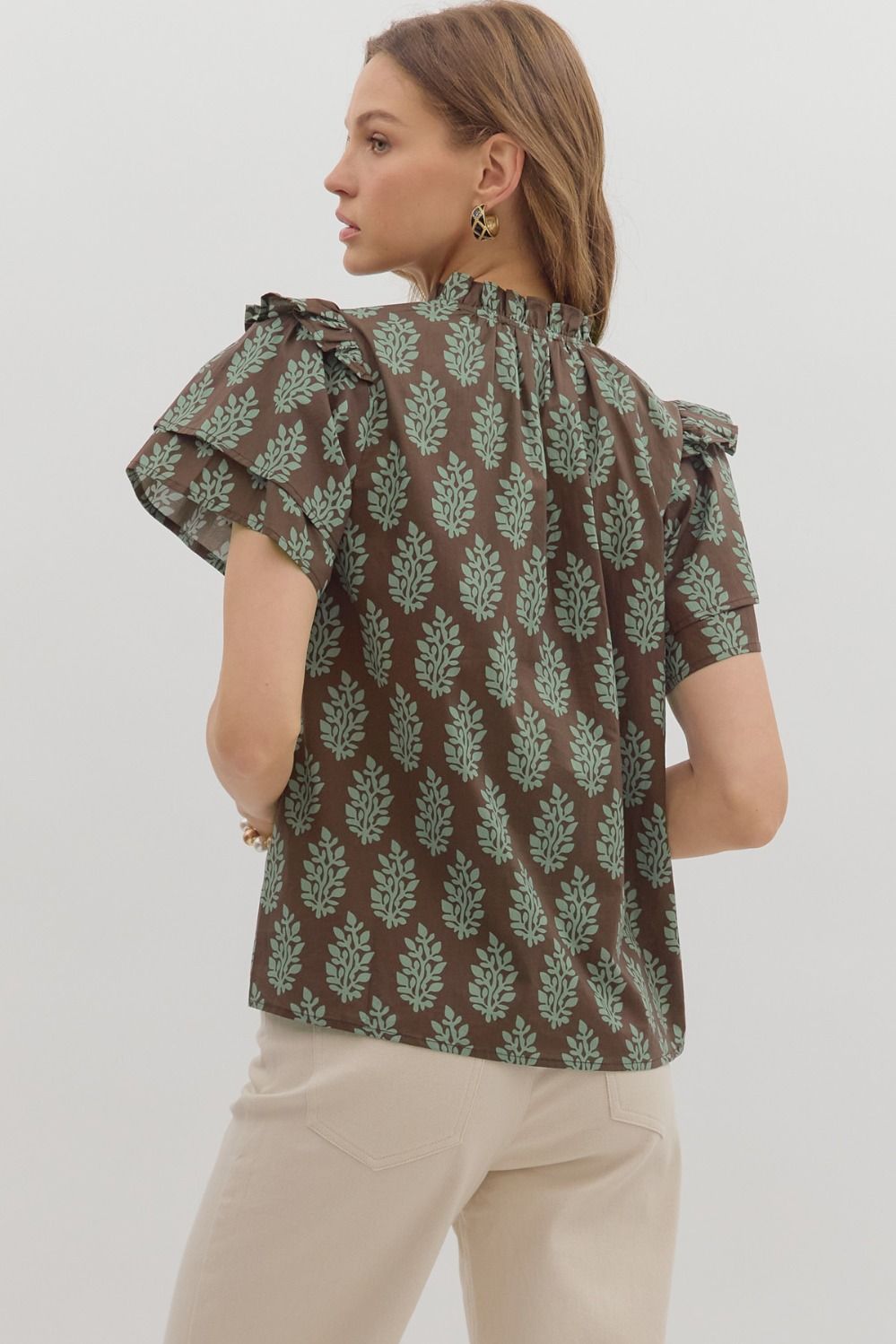 ENTRO INC Women's Top Botanical Pattern Tiered Sleeve Top