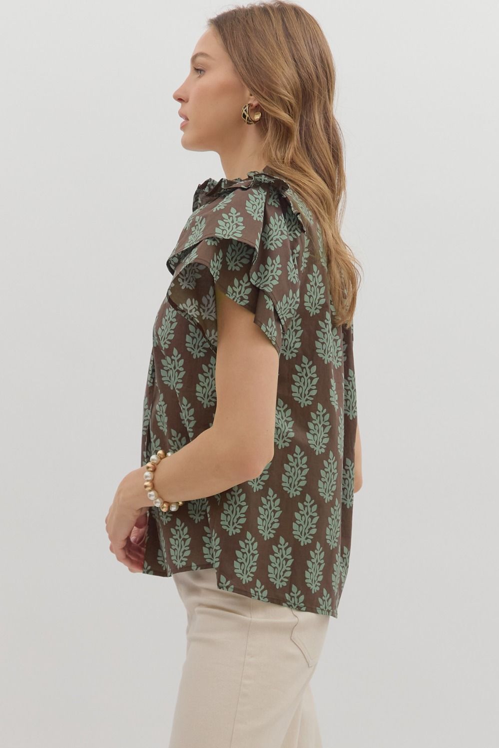 ENTRO INC Women's Top Botanical Pattern Tiered Sleeve Top