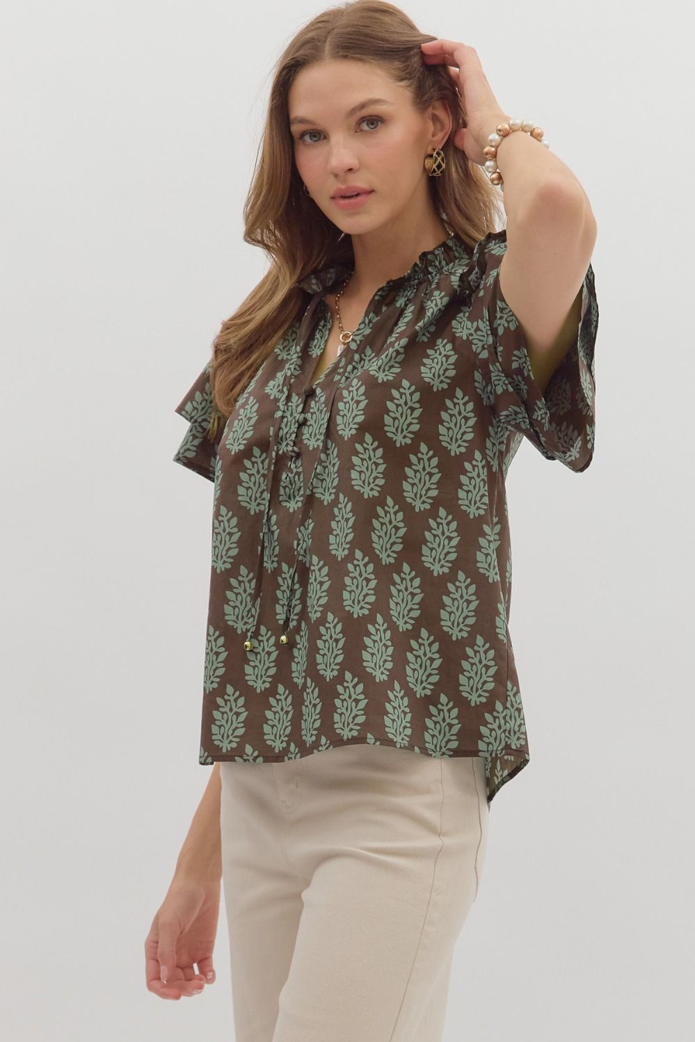 ENTRO INC Women's Top Botanical Pattern Tiered Sleeve Top