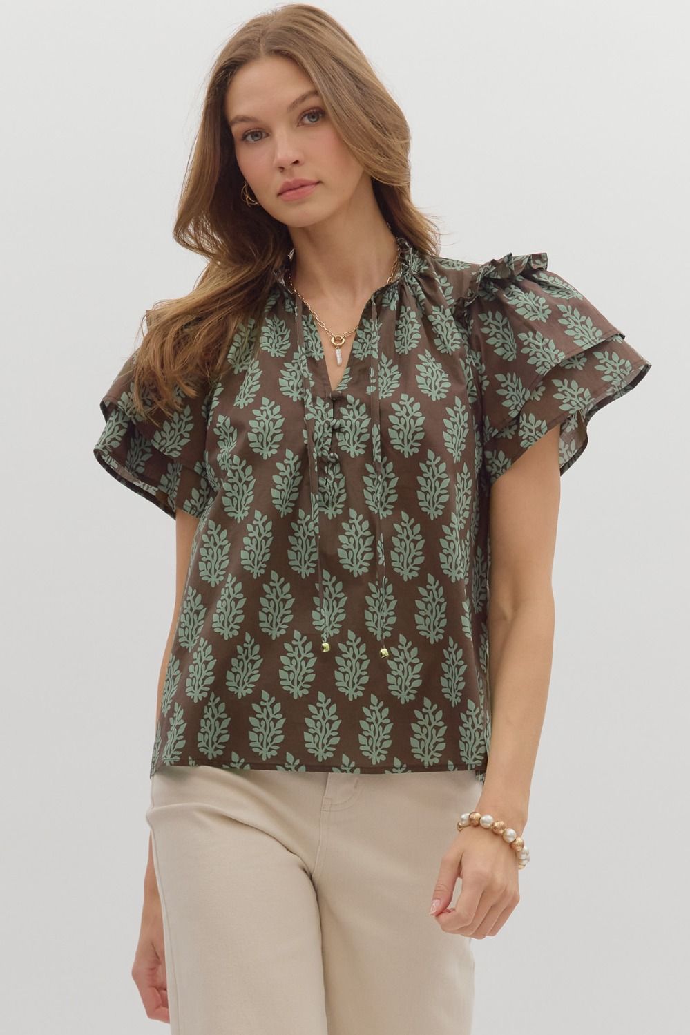 ENTRO INC Women's Top Botanical Pattern Tiered Sleeve Top