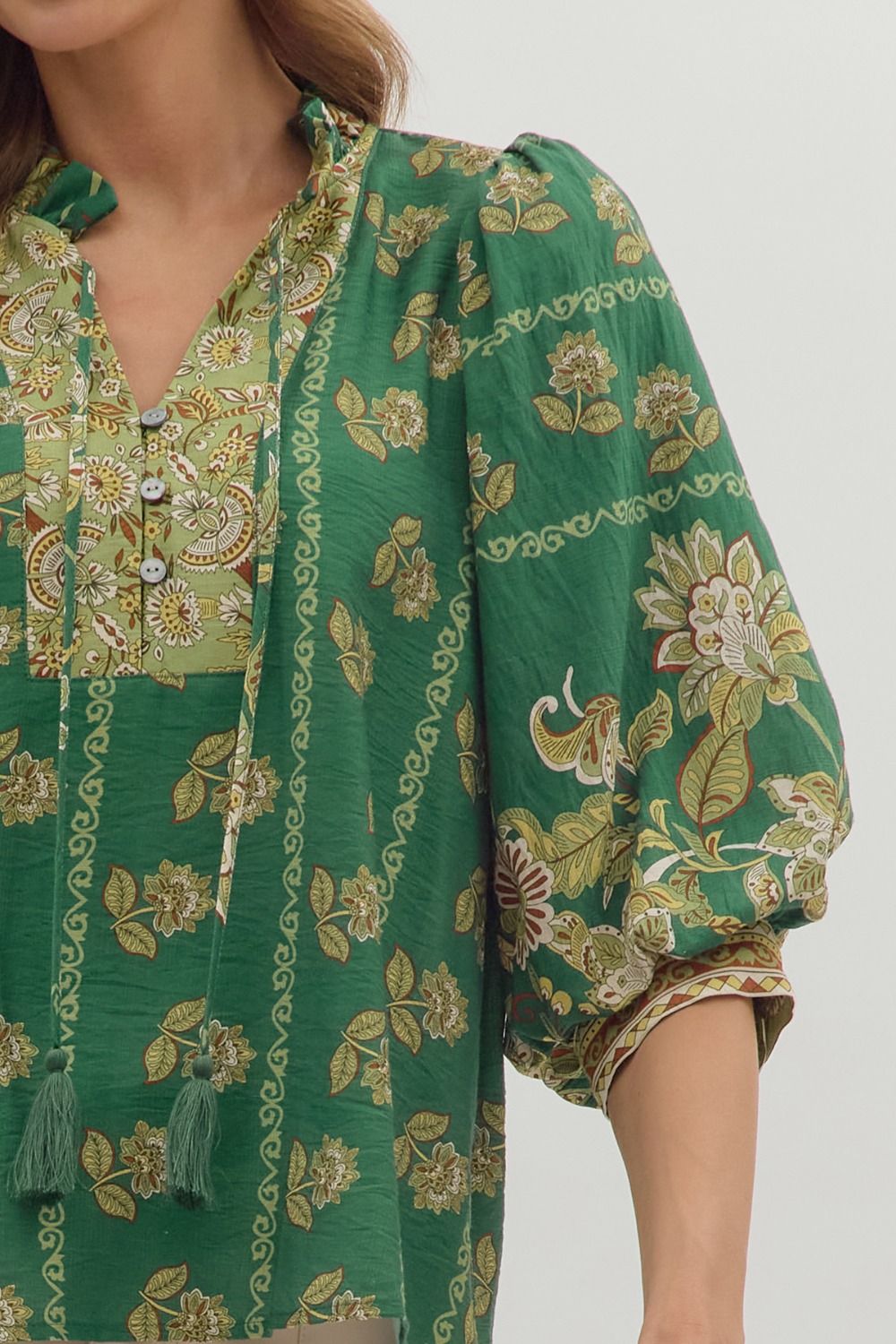 ENTRO INC Women's Top Botanical Print ¾ Sleeve Top || David's Clothing