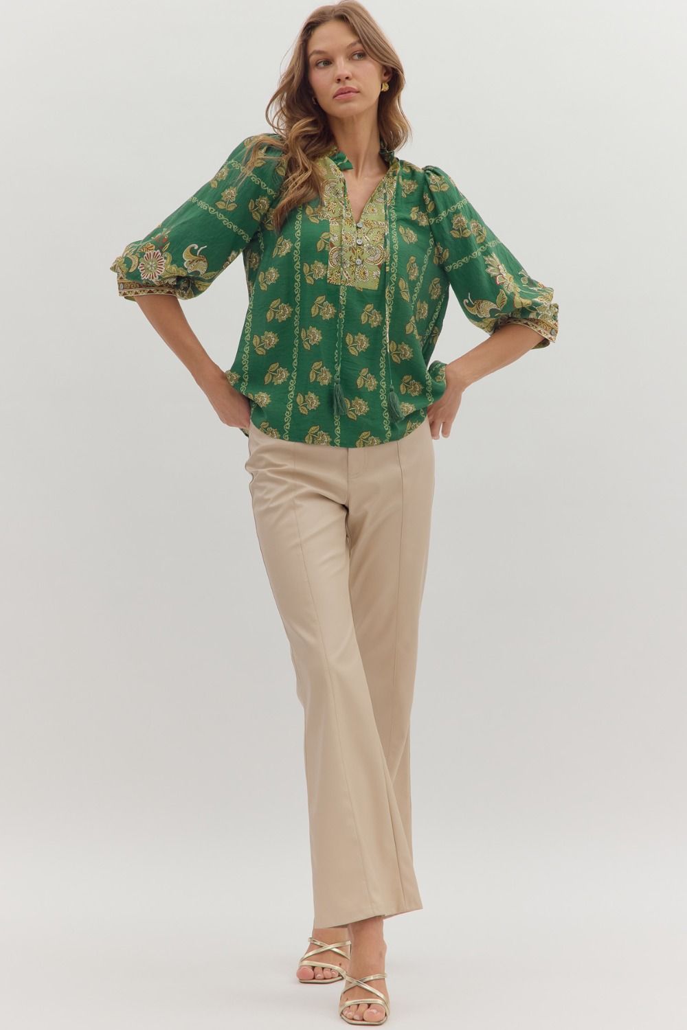 ENTRO INC Women's Top Botanical Print ¾ Sleeve Top || David's Clothing