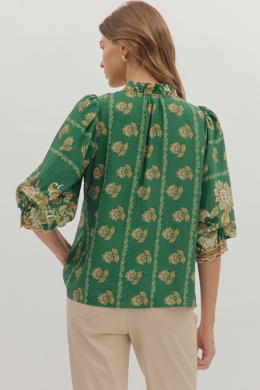 ENTRO INC Women's Top Botanical Print ¾ Sleeve Top || David's Clothing