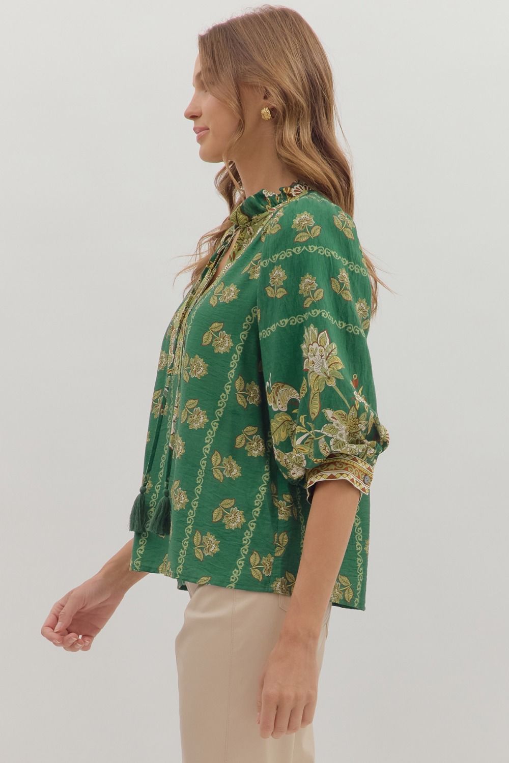 ENTRO INC Women's Top Botanical Print ¾ Sleeve Top || David's Clothing